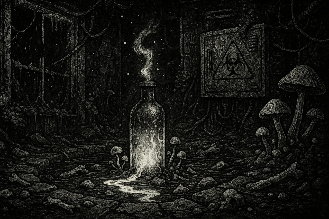 A glowing bottle leaking light in a derelict room ringed with mushrooms