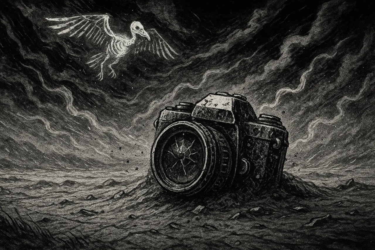 An old camera with a cracked lens half-buried in cracked earth under a stormy sky