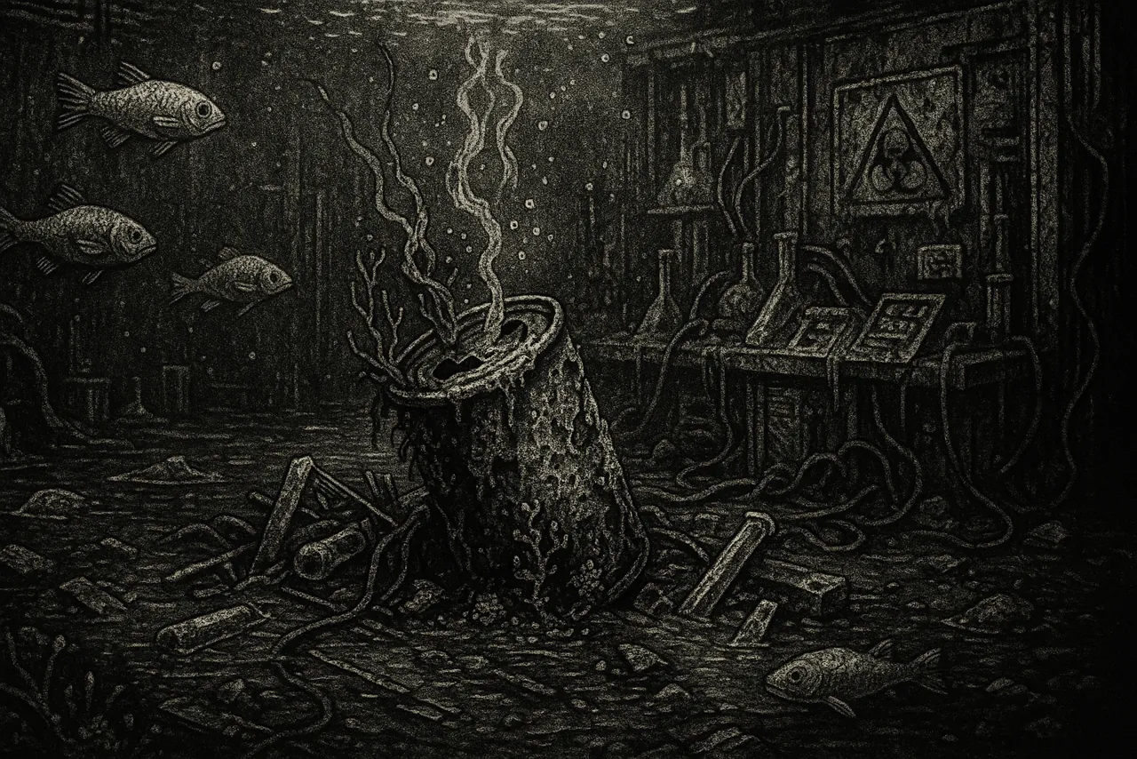A corroded barrel leaking smoke underwater as fish drift past a derelict lab