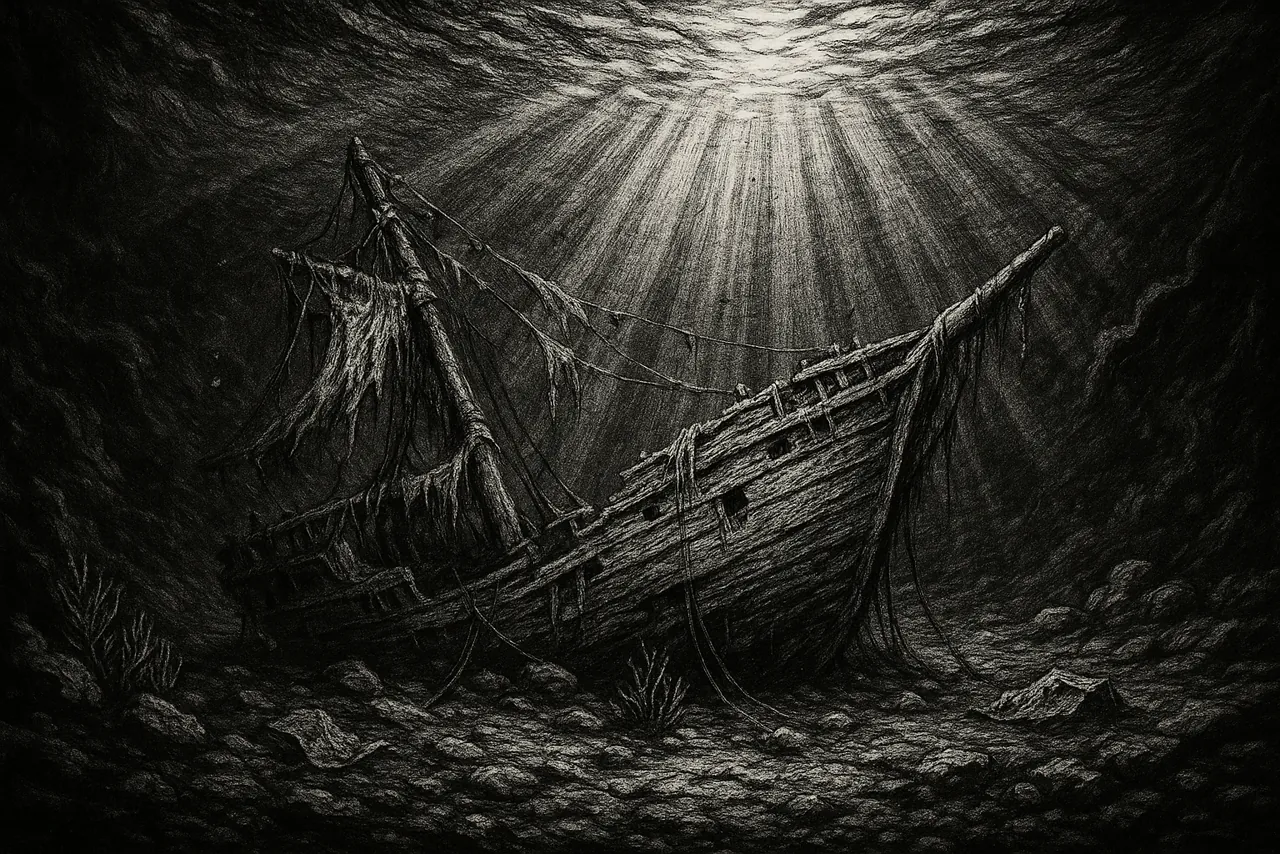 A wrecked sailing ship sunk on the seafloor, light filtering down through dark water