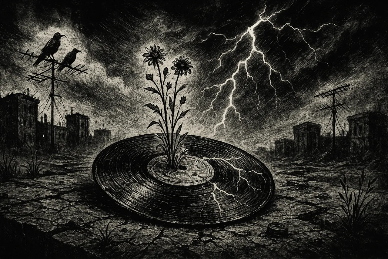 A vinyl record in cracked earth with a single flower growing from its center