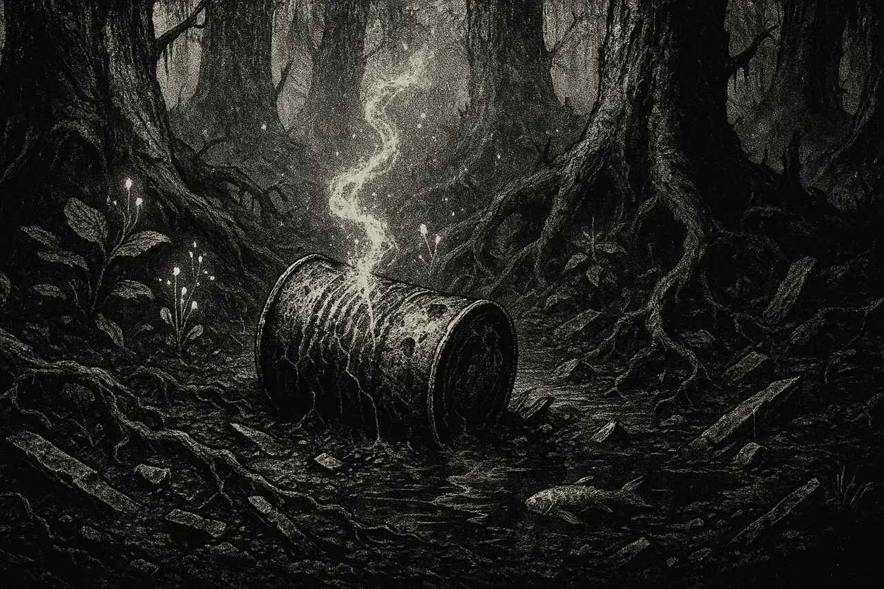 A rusted barrel half-buried in a dark overgrown forest