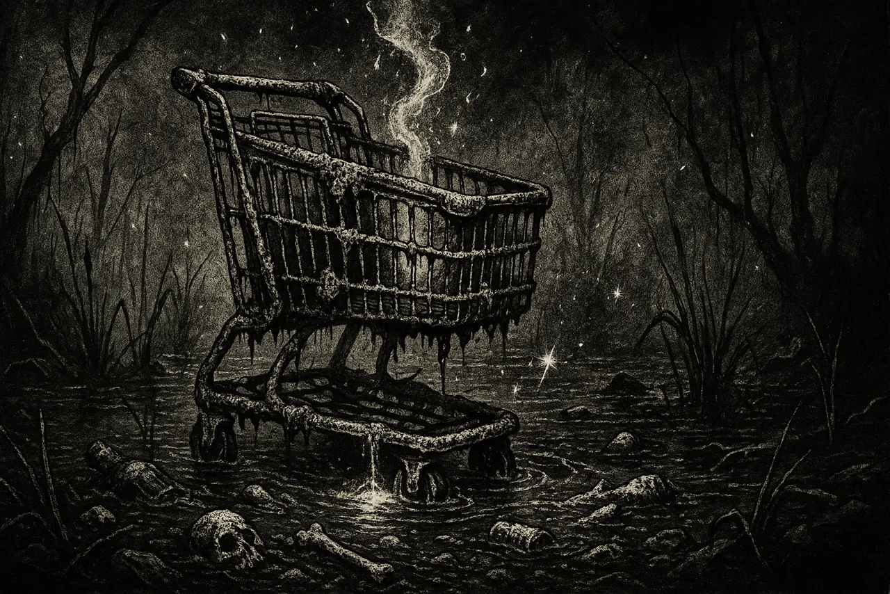 An abandoned shopping cart sunk in a flooded wasteland
