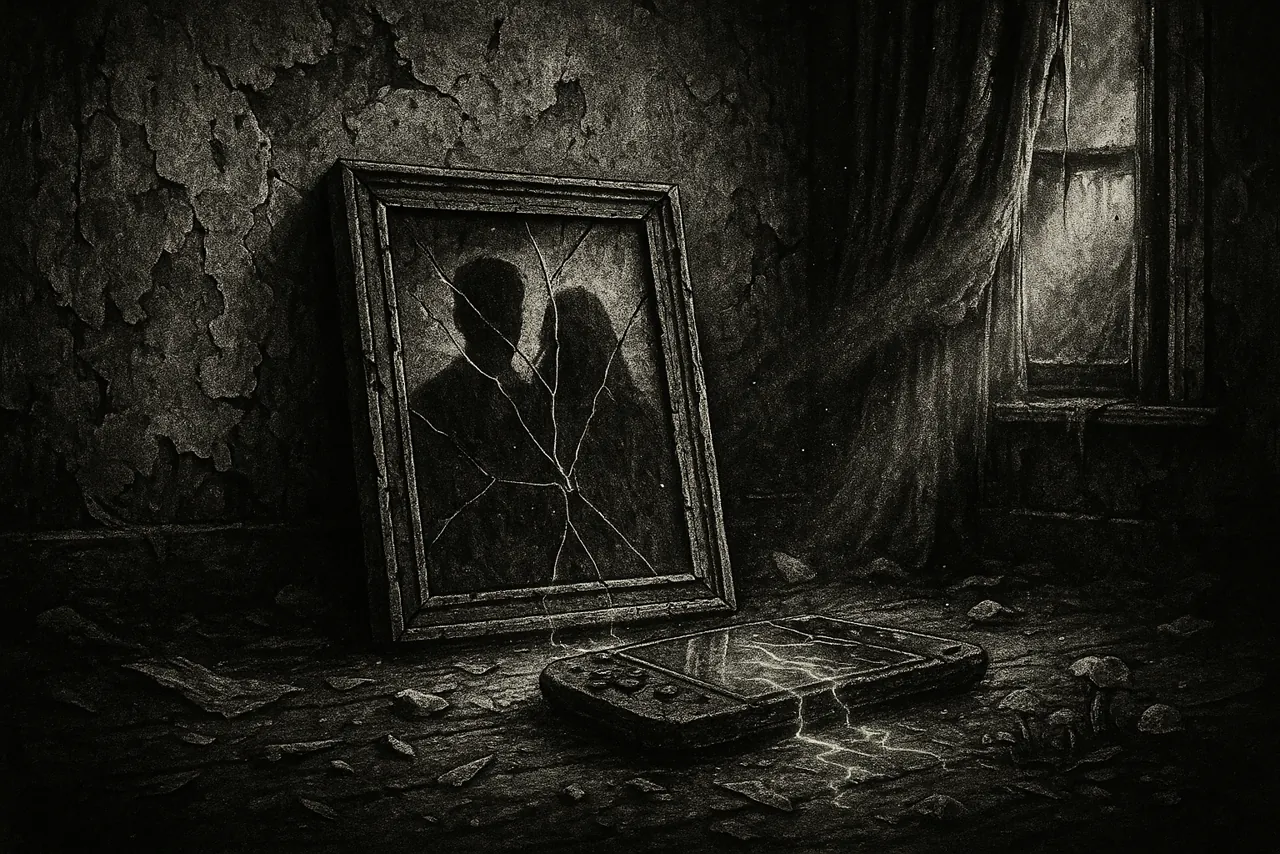 A cracked framed photograph in the ruins of an abandoned room