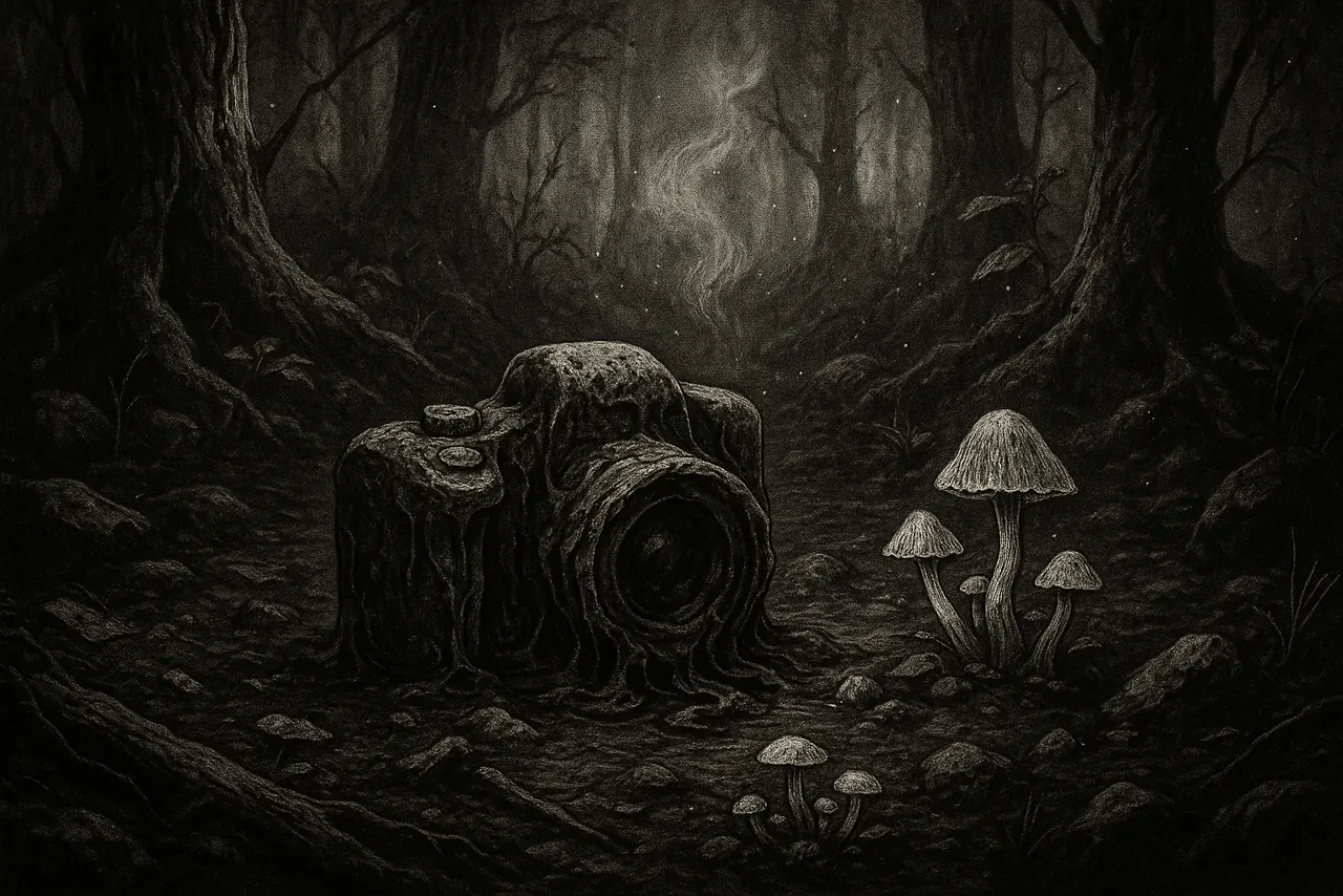 An old camera overtaken by mushrooms on the forest floor